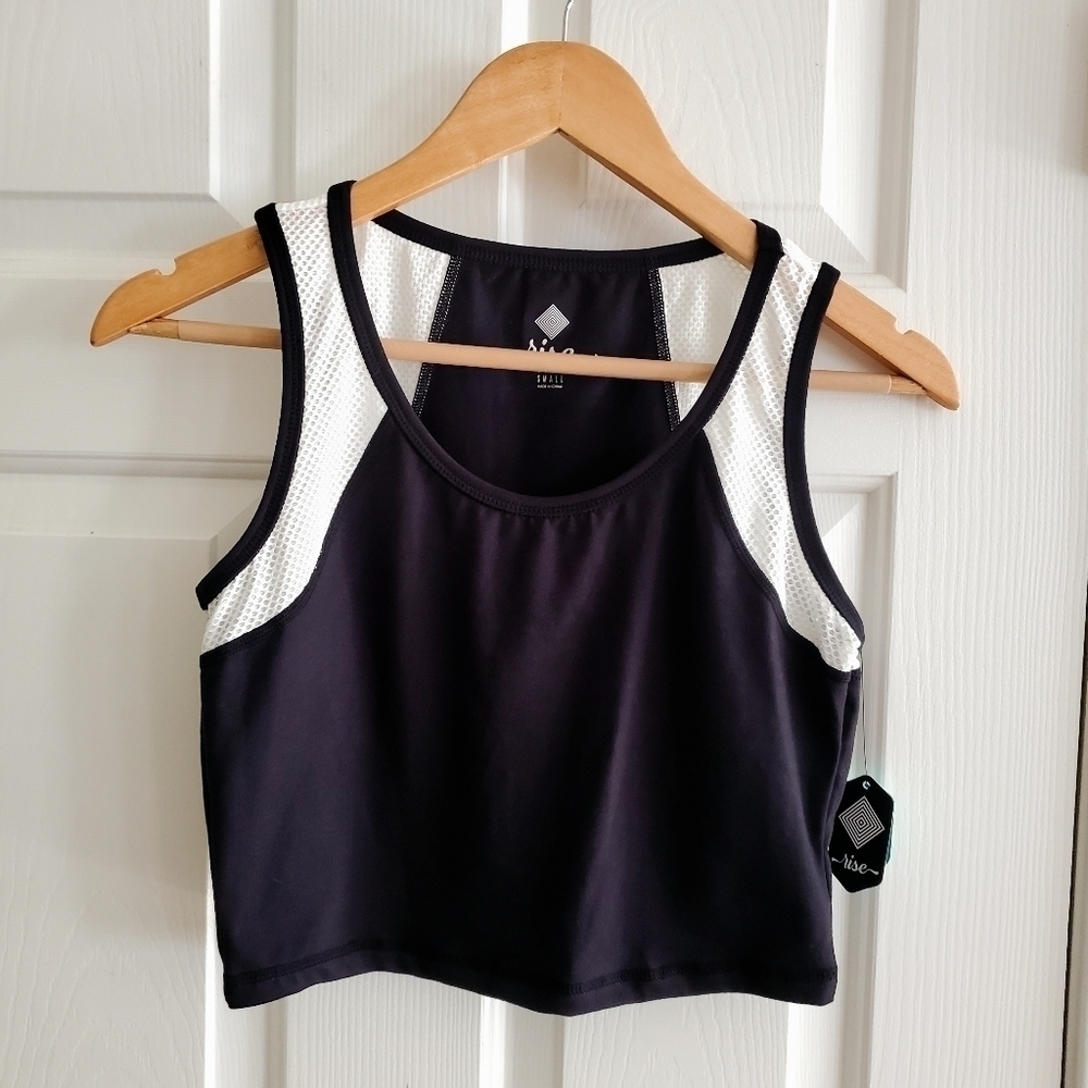 LuLaRoe Rise Powerful Mesh Blocked Crop Tank -S - Black with White